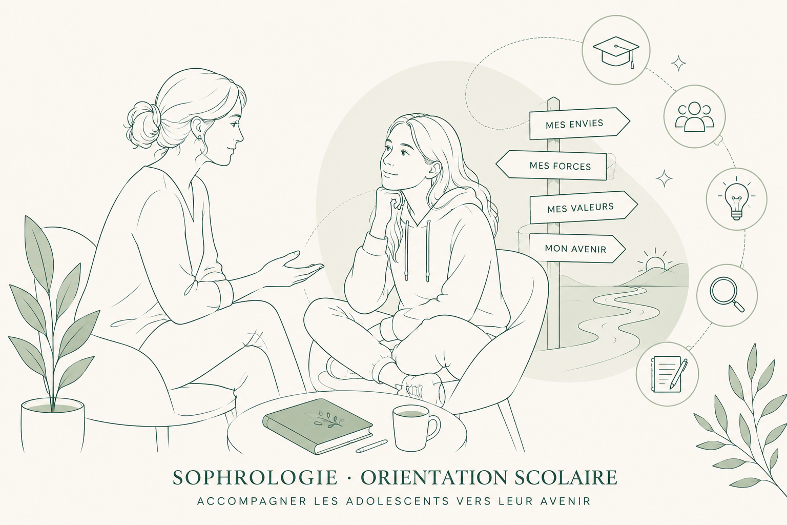 Illustration d'une séance de sophrologie et d'orientation scolaire entre Sandrine et une adolescente